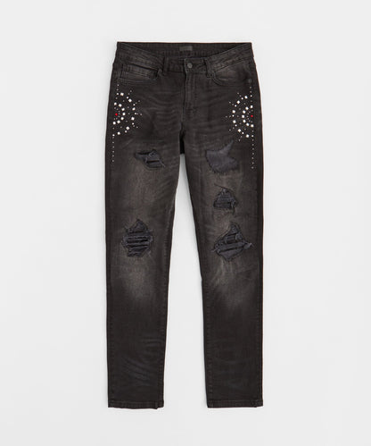 Starburst Rhinestone Distressed Skinny Jeans - Black | Reason Clothing Everyday