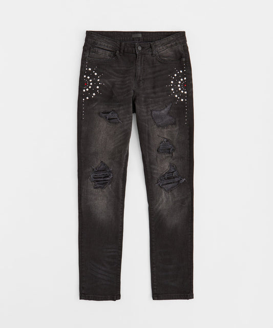 Starburst Rhinestone Distressed Skinny Jeans - Black | Reason Clothing Everyday
