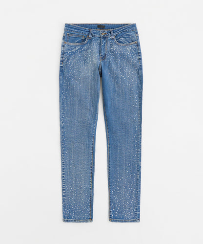 Stoned Out Rhinestone Denim Skinny Jeans - Light Blue | Reason Clothing Quality