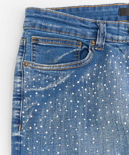 Stoned Out Rhinestone Denim Skinny Jeans - Light Blue | Reason Clothing Quality