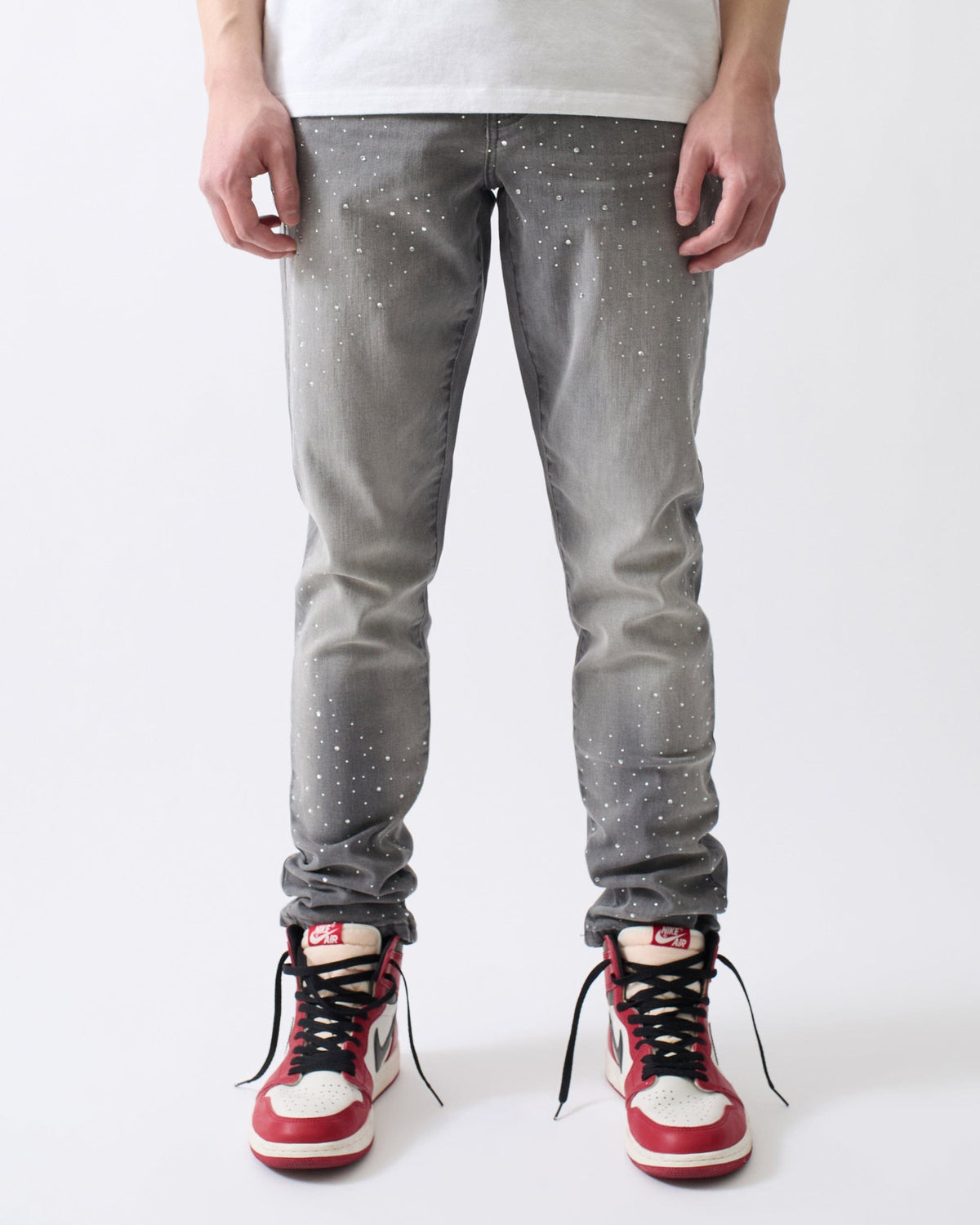 Stoned Out Rhinestone Denim Skinny Jeans - Grey | Reason Clothing Everyday
