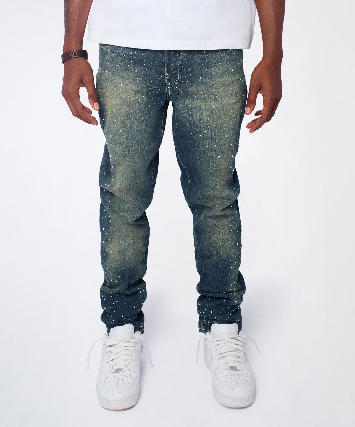 Starburst Rhinestone Distressed Skinny Jeans - Dark Blue | Reason Clothing Great Value