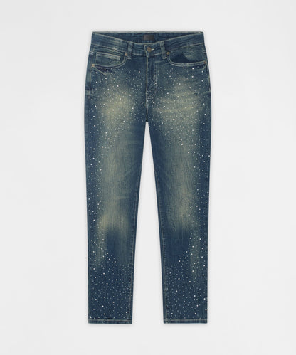 Starburst Rhinestone Distressed Skinny Jeans - Dark Blue | Reason Clothing Great Value