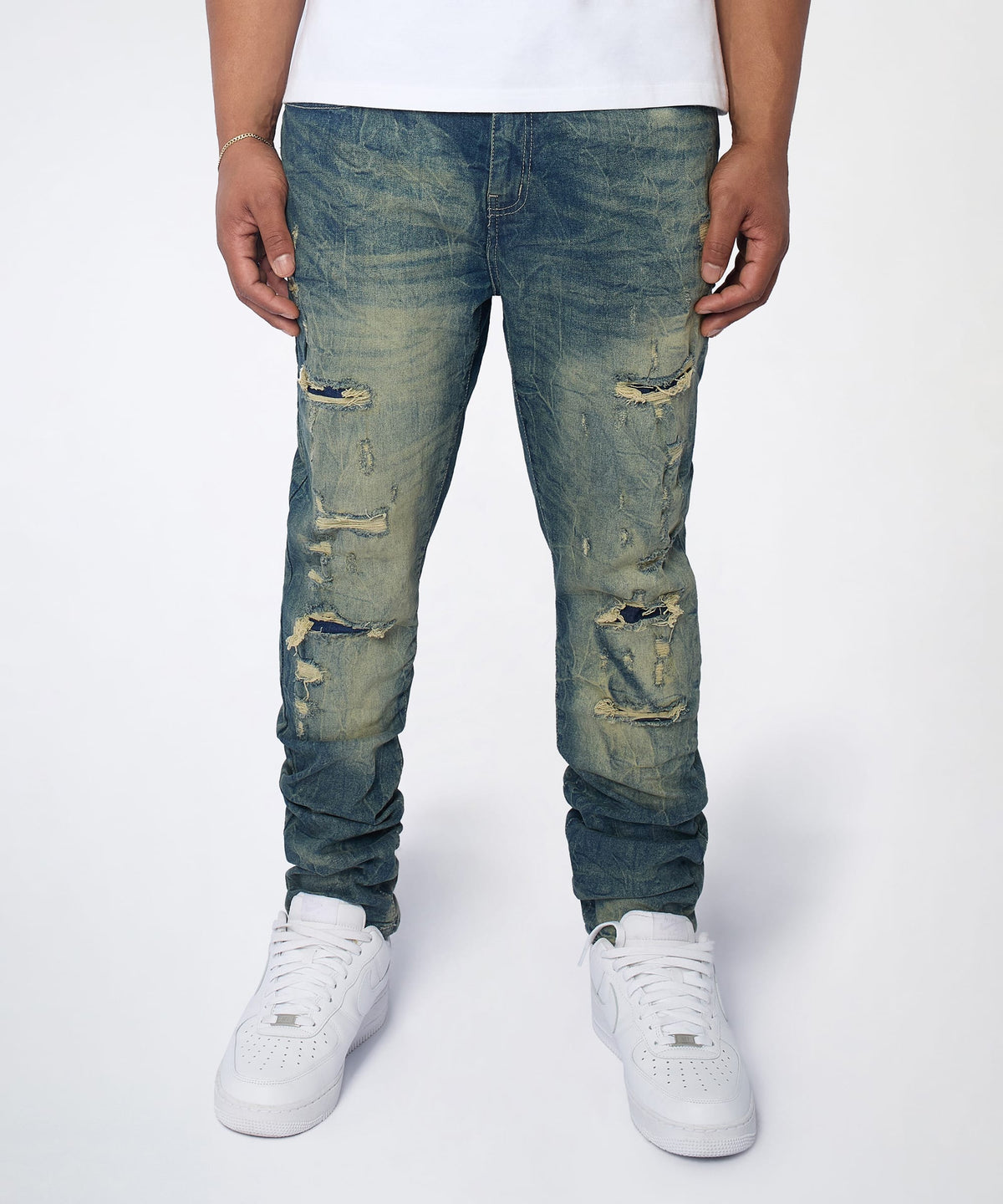 Blasted Distressed Skinny Jeans - Blue | Reason Clothing Value
