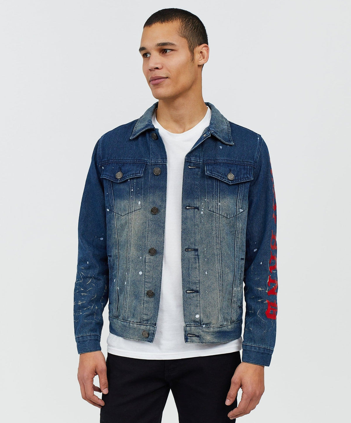 Indigo Fire Medium Wash Denim Jacket With Logo | Reason Clothing Essential