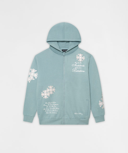 Rebellion Chenille Patched Zip Up Hoodie - Medium Blue | Reason Clothing Value