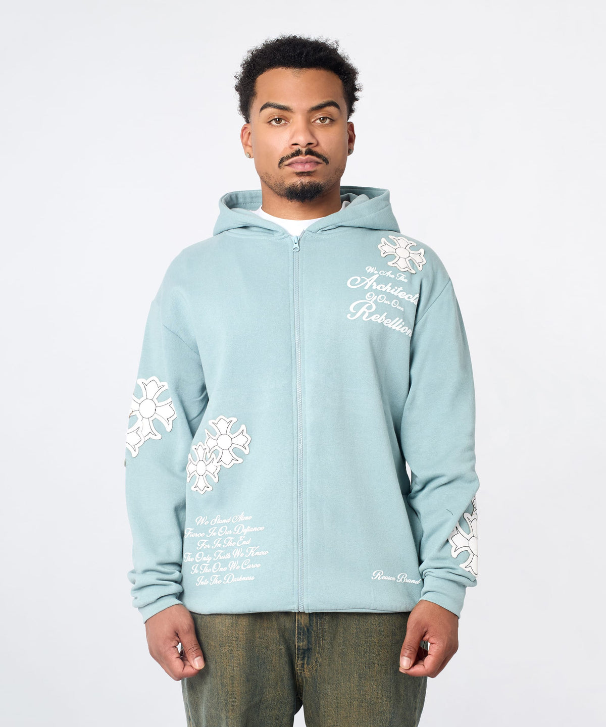 Rebellion Chenille Patched Zip Up Hoodie - Medium Blue | Reason Clothing Value