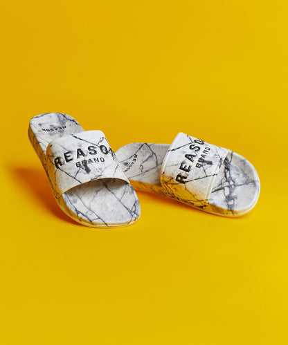 Marble Allover Print Logo Slides - White | Reason Clothing Signature