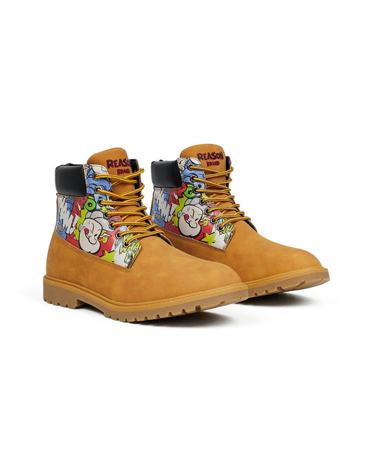 Popeye X Reason Collab Faux Suede Comic Print Boots - Tan | Reason Clothing Everyday