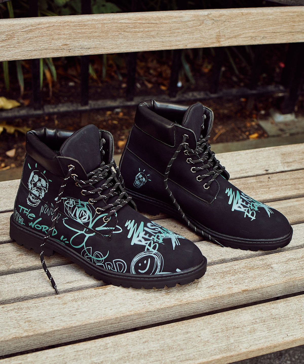 Skull Flower Faux Suede Graffiti Print Boots - Black | Reason Clothing Quality