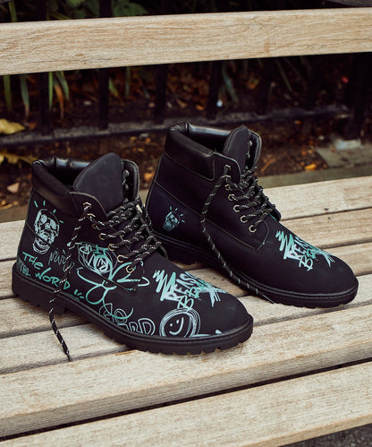 Skull Flower Faux Suede Graffiti Print Boots - Black | Reason Clothing Quality