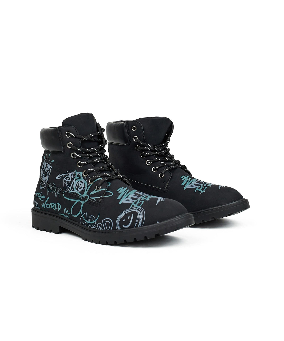 Skull Flower Faux Suede Graffiti Print Boots - Black | Reason Clothing Quality