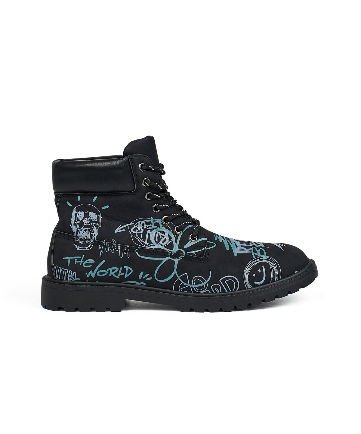 Skull Flower Faux Suede Graffiti Print Boots - Black | Reason Clothing Quality