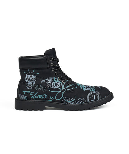 Skull Flower Faux Suede Graffiti Print Boots - Black | Reason Clothing Quality