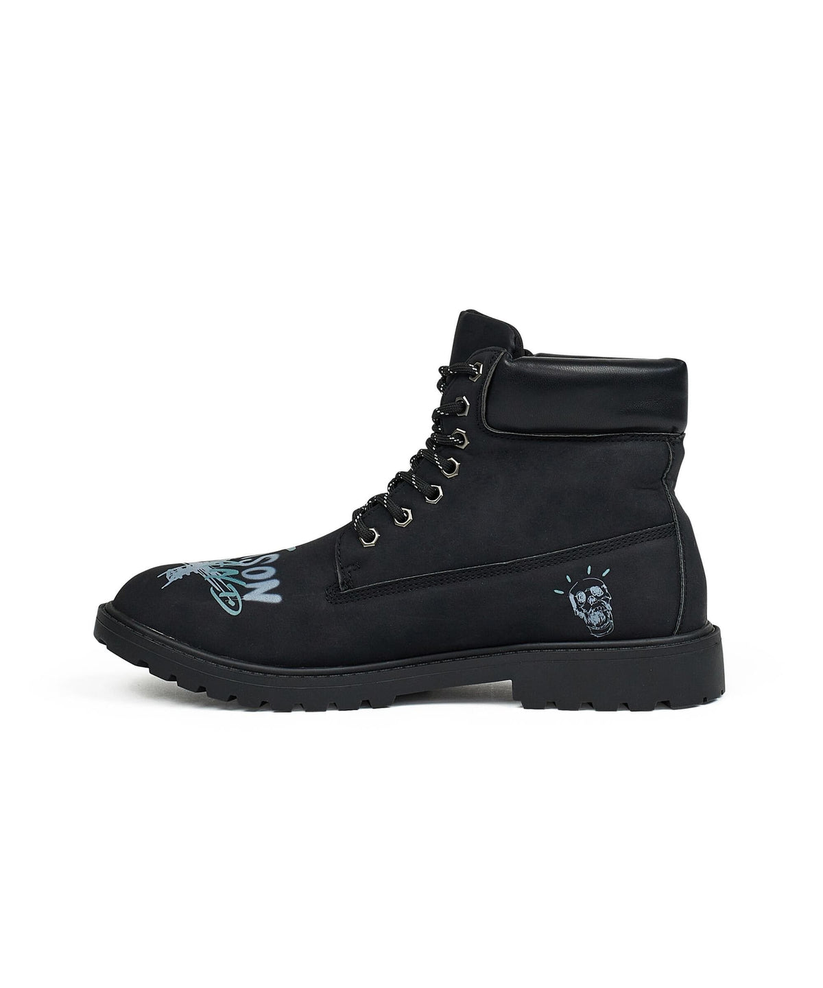 Skull Flower Faux Suede Graffiti Print Boots - Black | Reason Clothing Quality