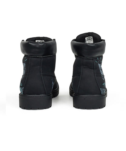 Skull Flower Faux Suede Graffiti Print Boots - Black | Reason Clothing Quality