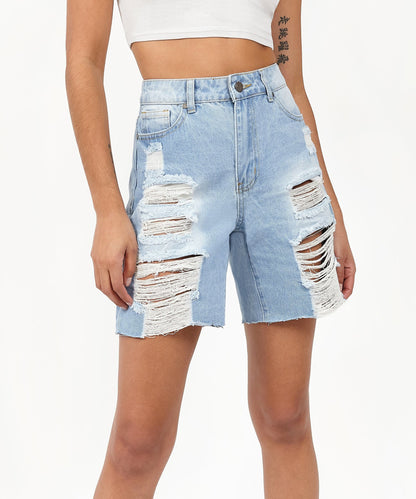 Sofia Women's Distressed High-Waist Denim Shorts - Blue | Reason Clothing Exclusive