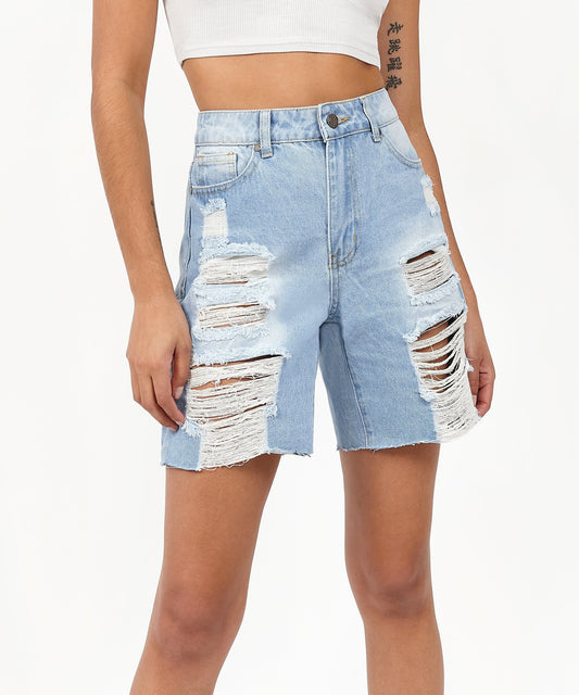 Sofia Women's Distressed High-Waist Denim Shorts - Blue | Reason Clothing Exclusive