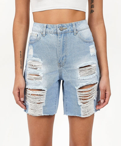 Sofia Women's Distressed High-Waist Denim Shorts - Blue | Reason Clothing Exclusive