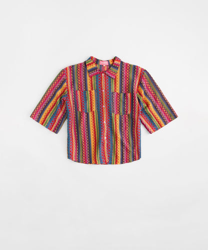Tribal Stripe Women Plus Size Textured Knit Short Sleeve Shirt - Multi | Reason Clothing New
