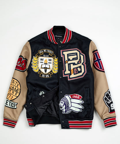 Kids Masters Division Chenille Patched Varsity Jacket - Black | Reason Clothing Signature
