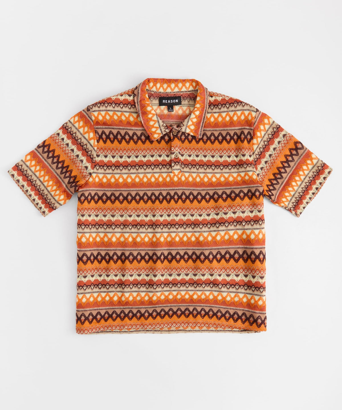 Kids Retro Jacquard Button-Down Short Sleeve Polo Shirt - Brown | Reason Clothing Value