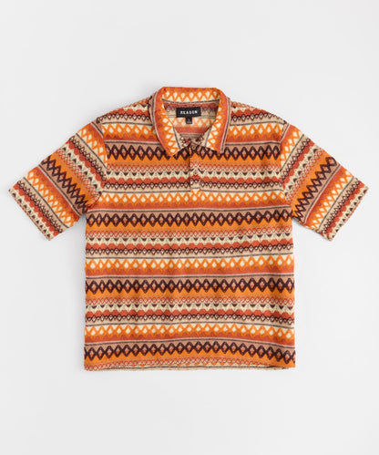 Kids Retro Jacquard Button-Down Short Sleeve Polo Shirt - Brown | Reason Clothing Value