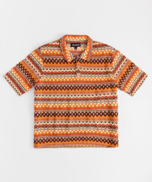 Kids Retro Jacquard Button-Down Short Sleeve Polo Shirt - Brown | Reason Clothing Value