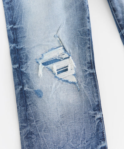 Wrinkled Wash Distressed Skinny Jeans - Medium Blue | Reason Clothing Exclusive