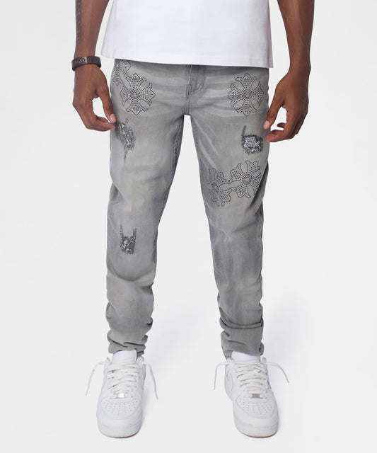 Floral Rhinestone Distressed Skinny Jeans - Grey | Reason Clothing Classic