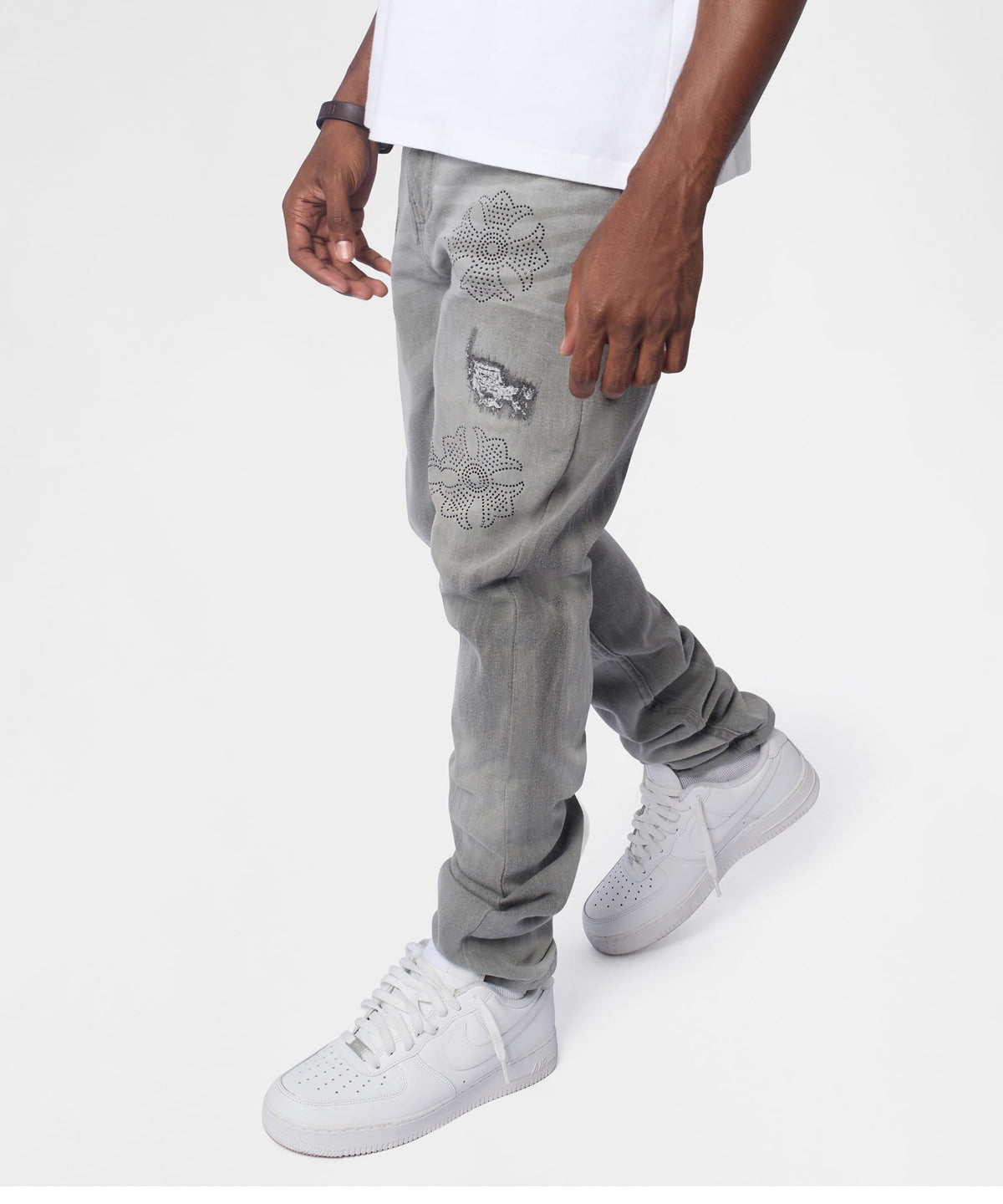 Floral Rhinestone Distressed Skinny Jeans - Grey | Reason Clothing Classic