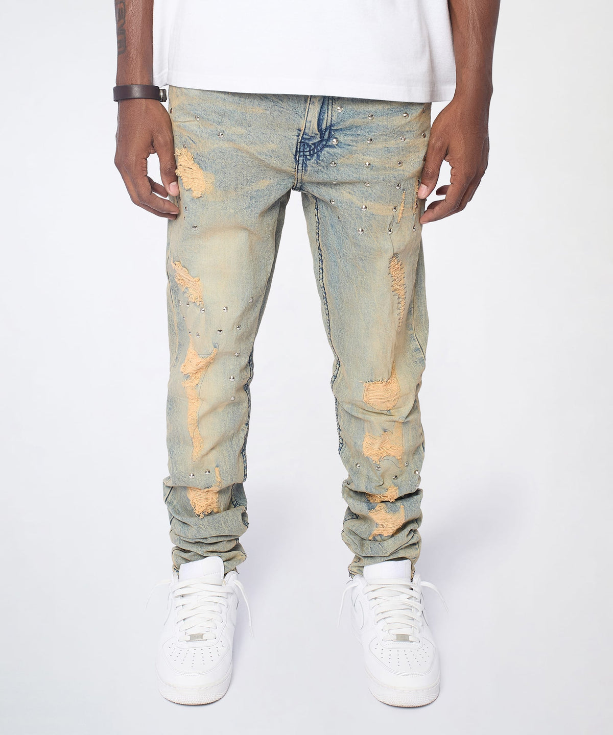 Ladder Distressed Studded Skinny Jean - Blue | Reason Clothing Everyday