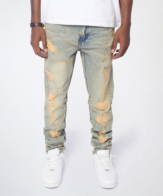 Ladder Distressed Studded Skinny Jean - Blue | Reason Clothing Everyday