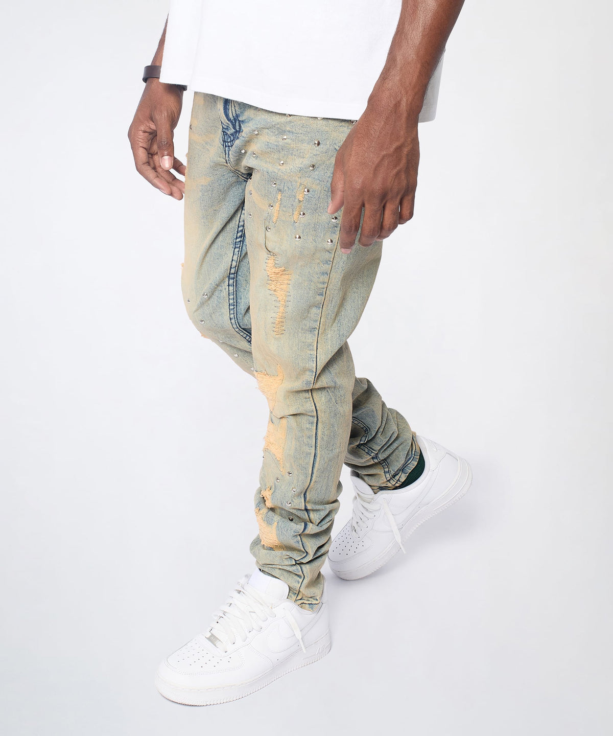 Ladder Distressed Studded Skinny Jean - Blue | Reason Clothing Everyday