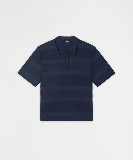 Vertical Jacquard Knit Short Sleeve Polo Shirt - Navy | Reason Clothing Value