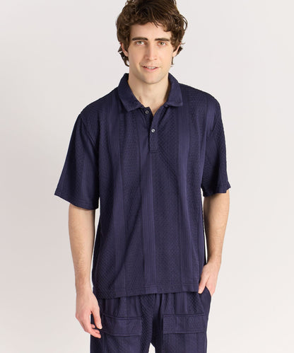 Vertical Jacquard Knit Short Sleeve Polo Shirt - Navy | Reason Clothing Value