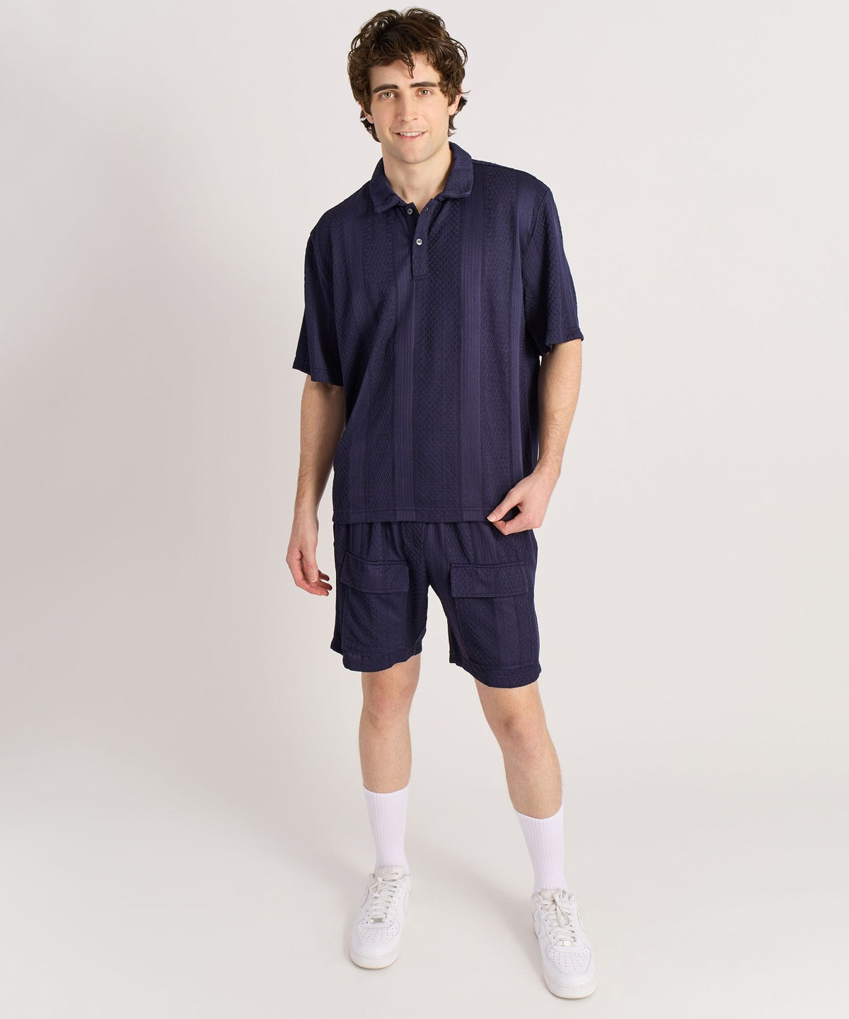 Vertical Jacquard Knit Short Sleeve Polo Shirt - Navy | Reason Clothing Value