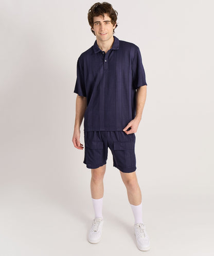 Vertical Jacquard Knit Short Sleeve Polo Shirt - Navy | Reason Clothing Value