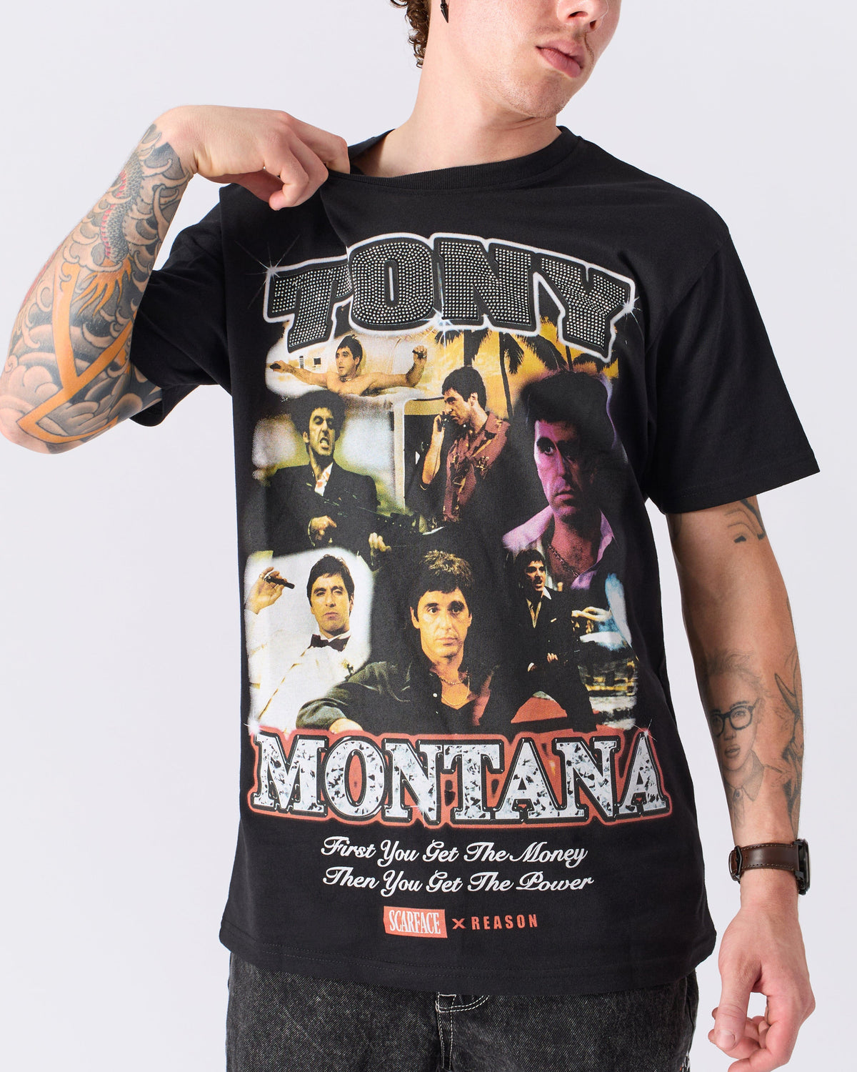 Scarface "Tony Montana" Rhinestone Tee - Black | Reason Clothing Discount