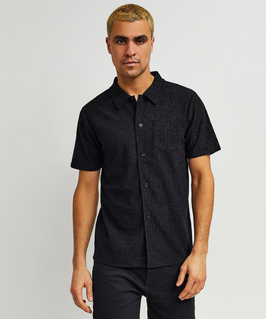 Geometric Viscose Button-Down Short Sleeve Shirt - Black | Reason Clothing Trusted