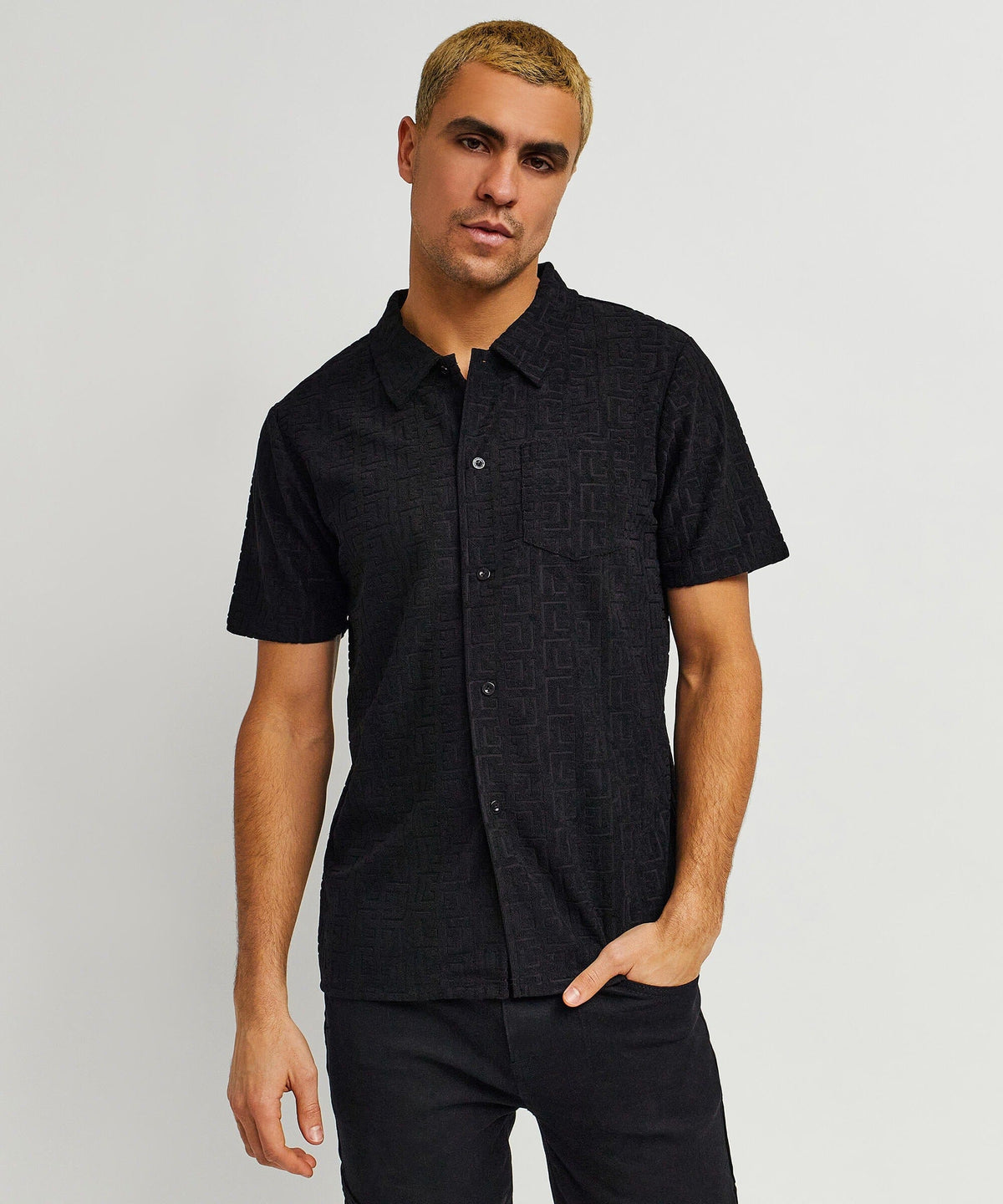 Geometric Viscose Button-Down Short Sleeve Shirt - Black | Reason Clothing Trusted