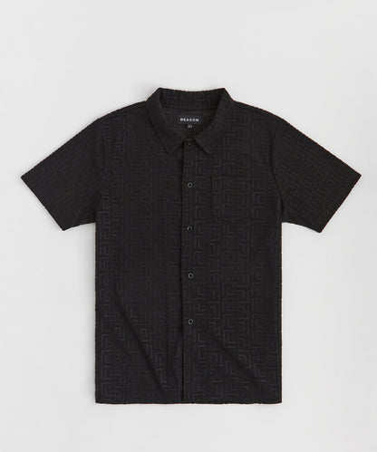 Geometric Viscose Button-Down Short Sleeve Shirt - Black | Reason Clothing Trusted
