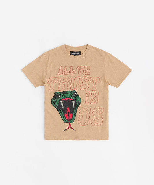 All We Trust Is Us Applique Short Sleeve Tee - Khaki | Reason Clothing Top Pick
