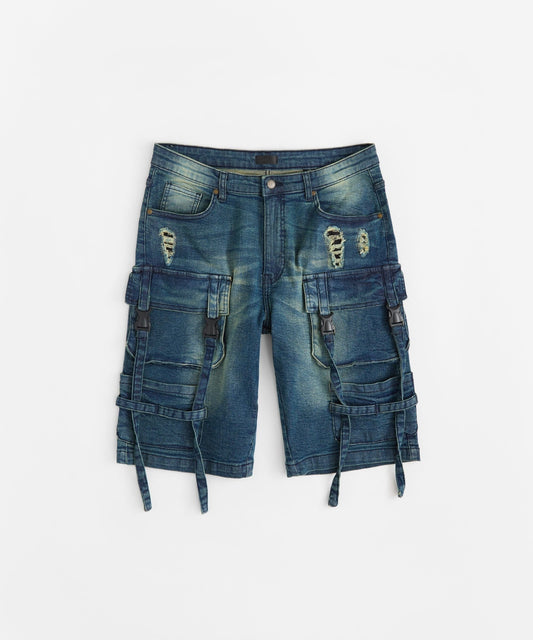 Buckle Strap Denim Shorts - Dark Blue | Reason Clothing Best Seller