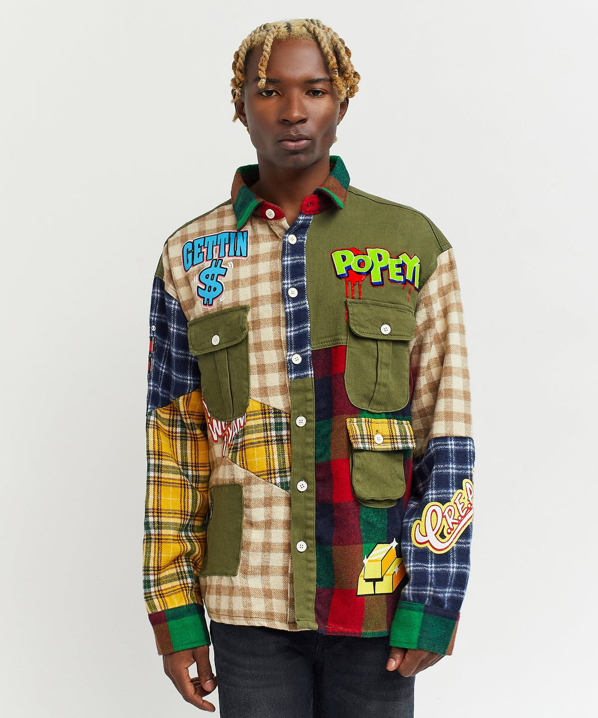 Popeye All We Trust Multi Pocket Checkered Flannel Shirt | Reason Clothing Premium