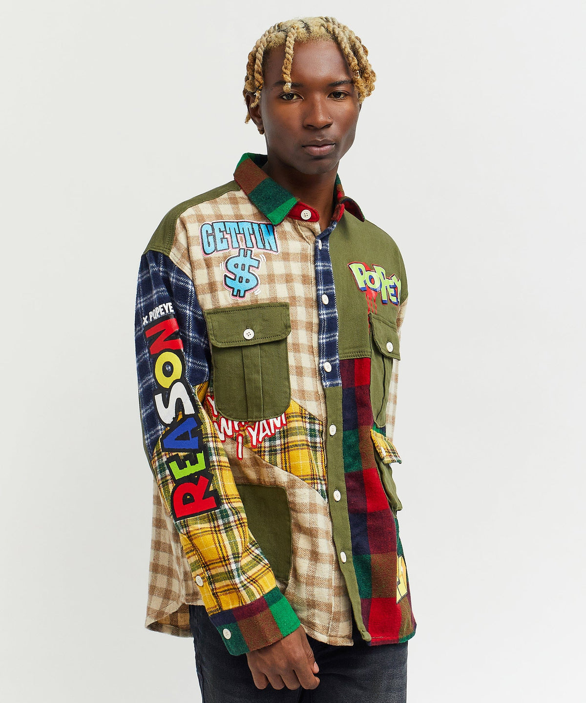 Popeye All We Trust Multi Pocket Checkered Flannel Shirt | Reason Clothing Premium