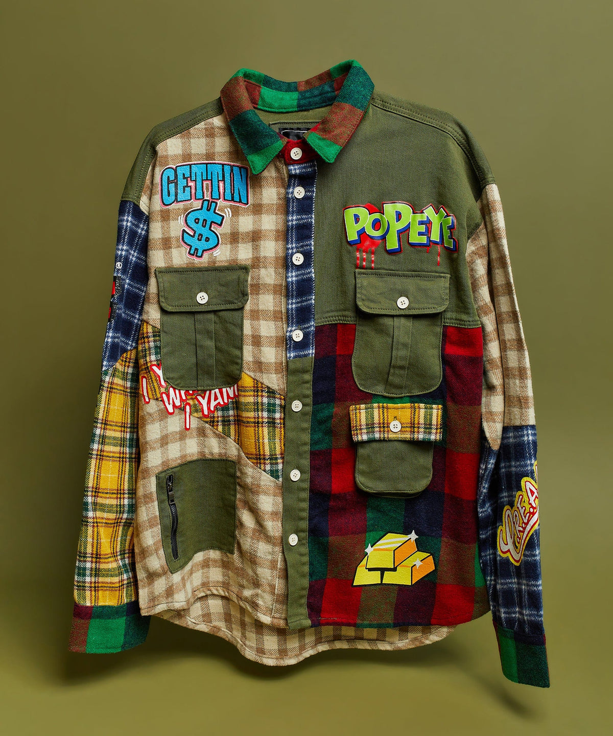 Popeye All We Trust Multi Pocket Checkered Flannel Shirt | Reason Clothing Premium