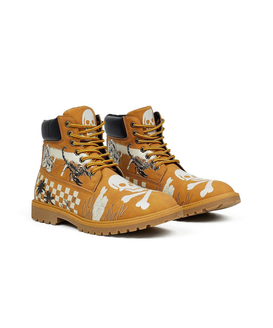 Skull Checkered Print Faux Suede Graffiti Boots - Tan | Reason Clothing Exclusive