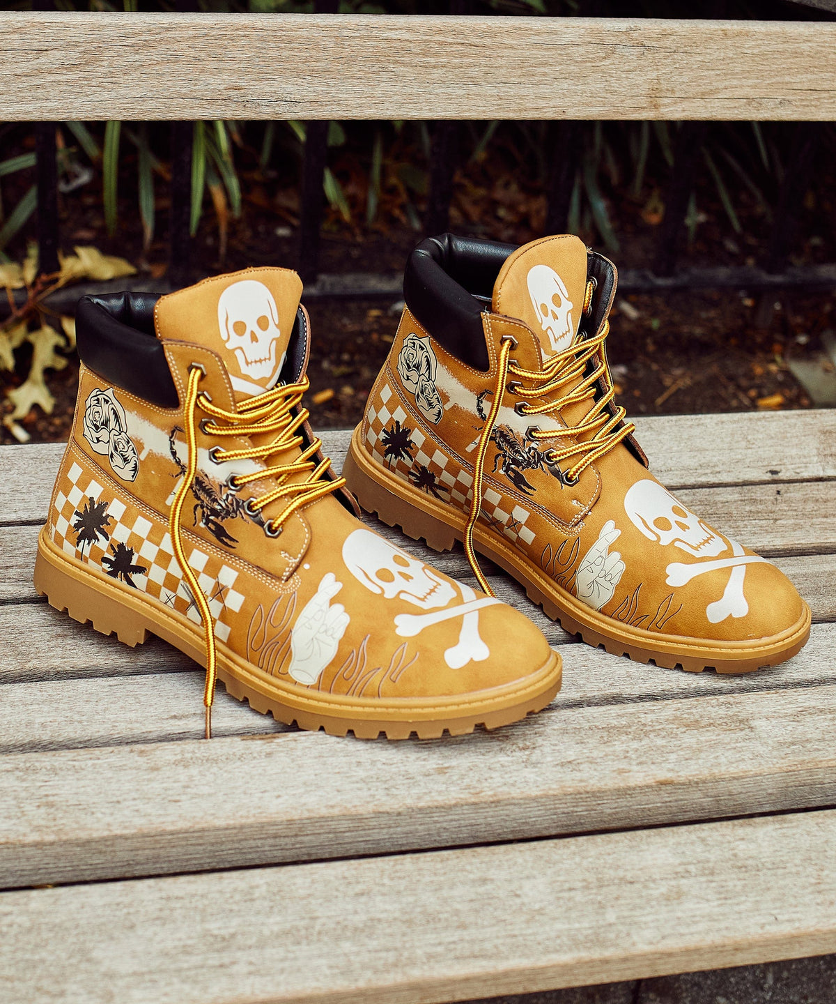 Skull Checkered Print Faux Suede Graffiti Boots - Tan | Reason Clothing Exclusive