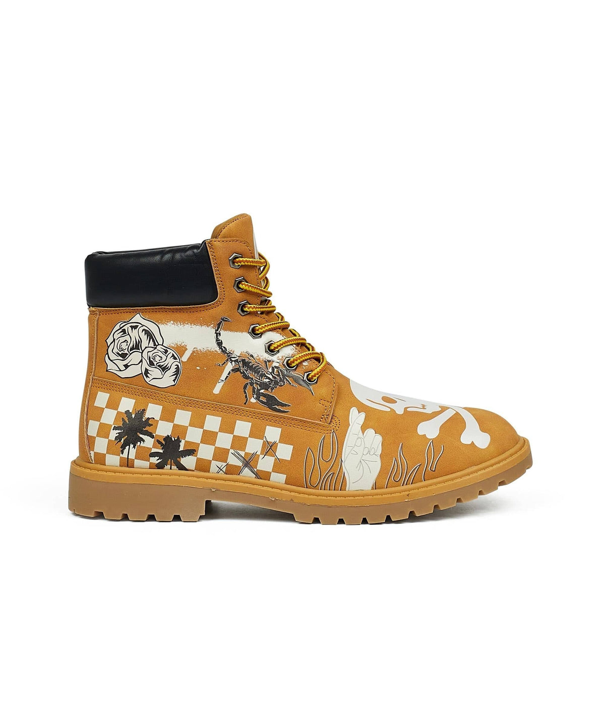 Skull Checkered Print Faux Suede Graffiti Boots - Tan | Reason Clothing Exclusive